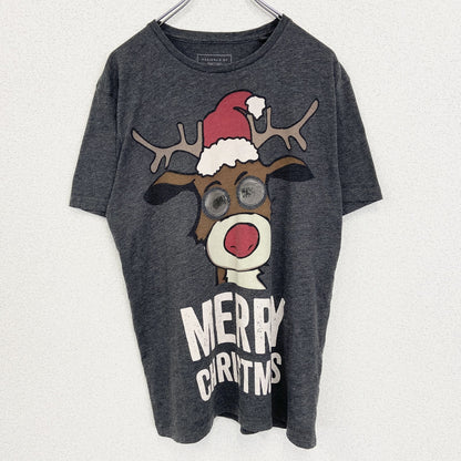 古着 used　DESIGNED BY F&F　半袖プリントTシャツ　クルーネック　トナカイ　クリスマス　グレー　レトロ　Mサイズ