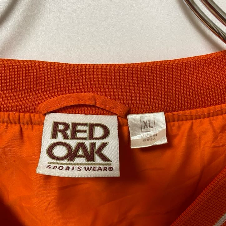 古着 used　RED OAK　長袖刺繍ナイロンプルオーバー　Ｖネック　オレンジ　レトロデザイン　ビックシルエット　XLサイズ
