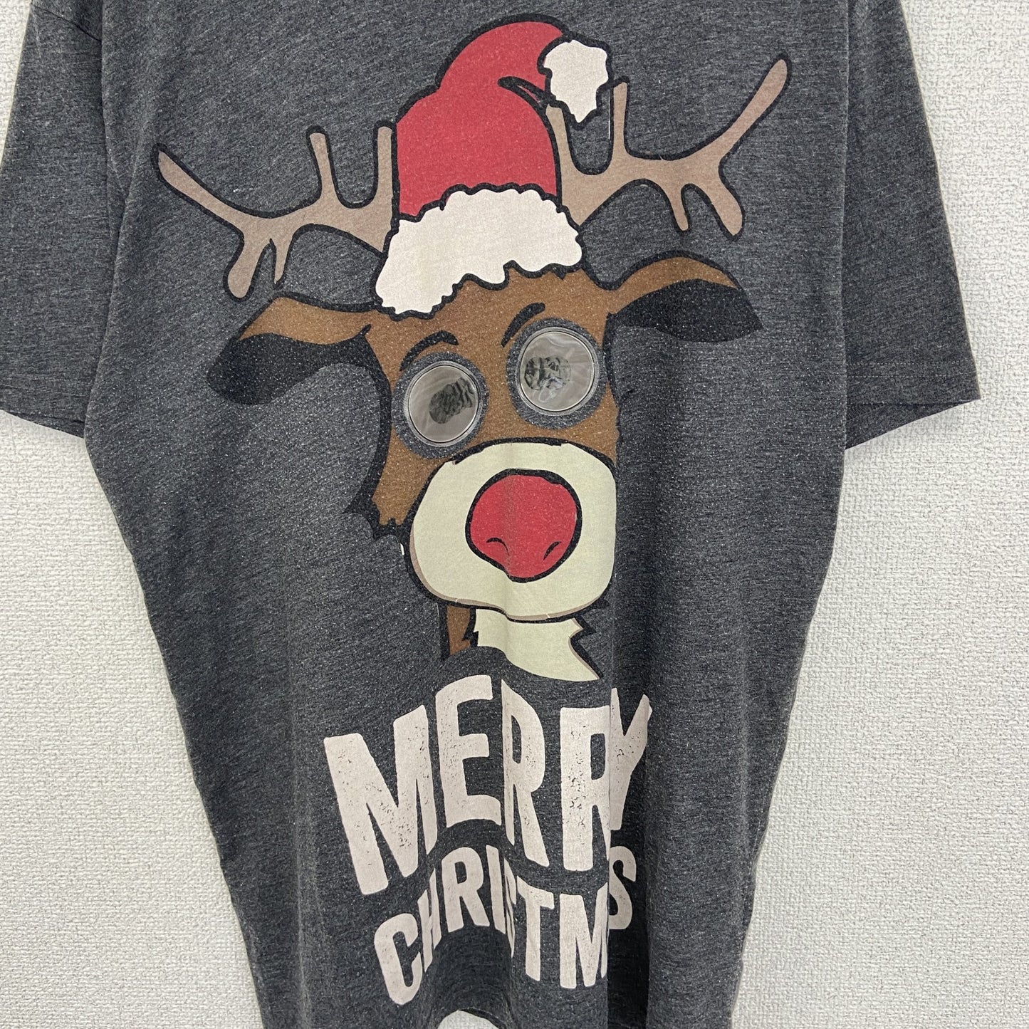 古着 used　DESIGNED BY F&F　半袖プリントTシャツ　クルーネック　トナカイ　クリスマス　グレー　レトロ　Mサイズ