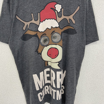古着 used　DESIGNED BY F&F　半袖プリントTシャツ　クルーネック　トナカイ　クリスマス　グレー　レトロ　Mサイズ