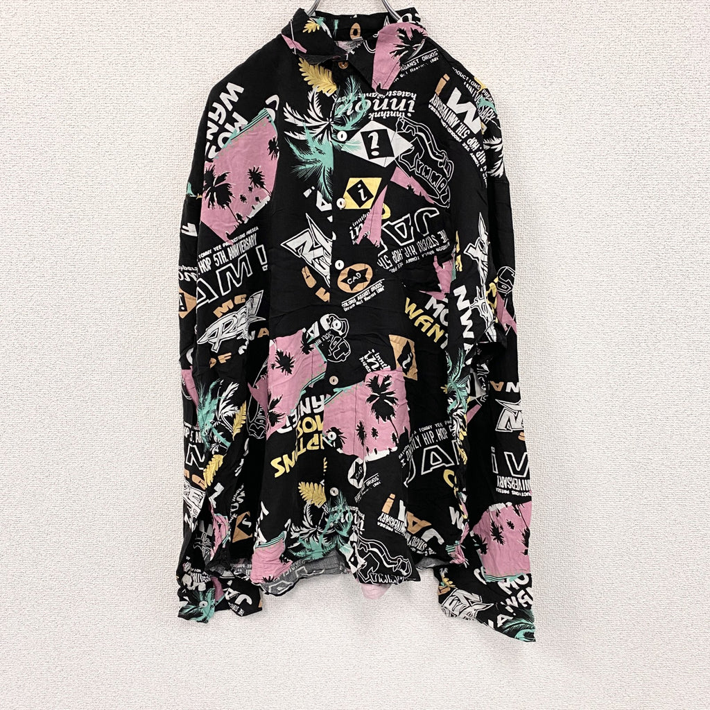 CAROCHE　長袖プリント総柄シャツ　ヤシの木　黒　ブラック　ピンク　XLサイズ