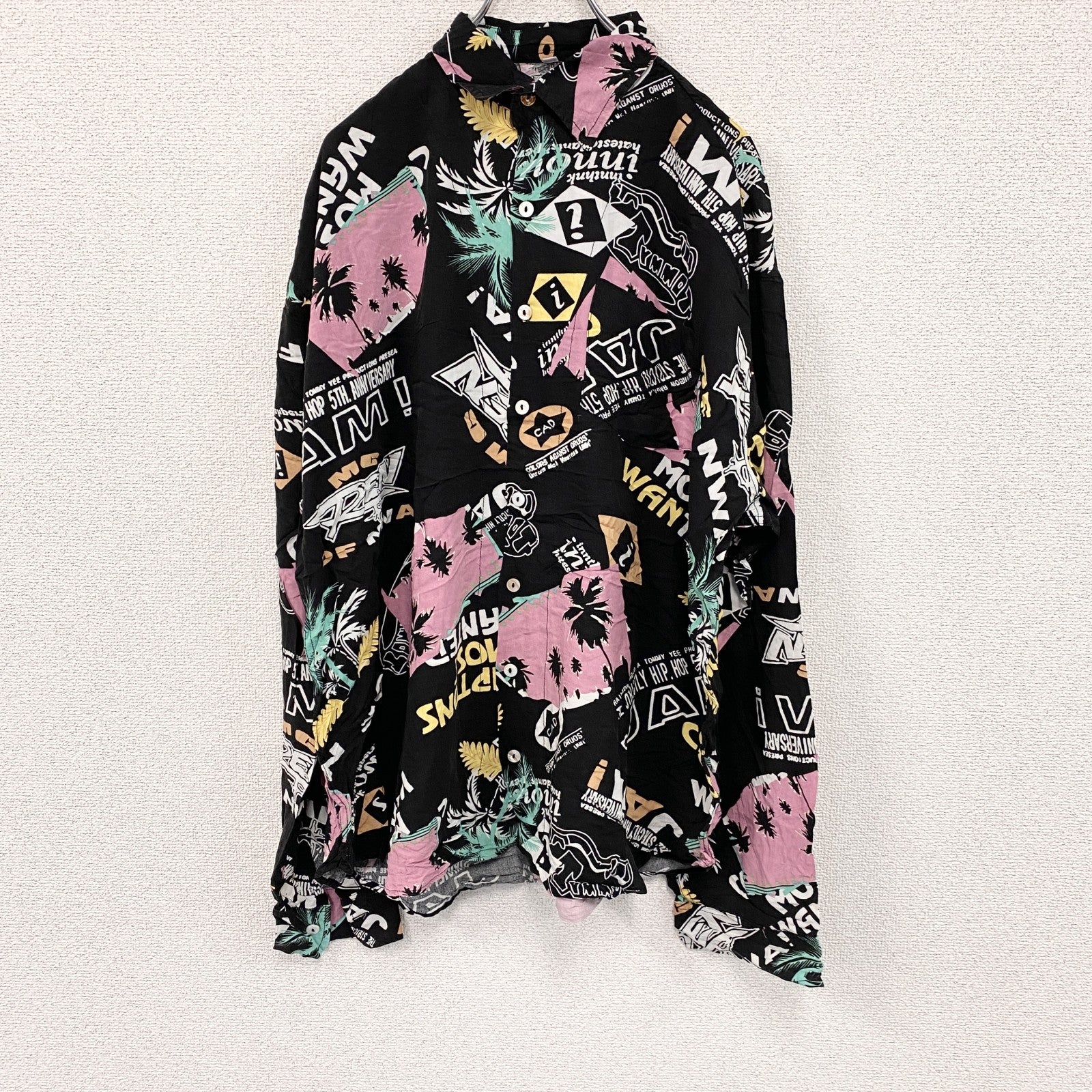 CAROCHE　長袖プリント総柄シャツ　ヤシの木　黒　ブラック　ピンク　XLサイズ