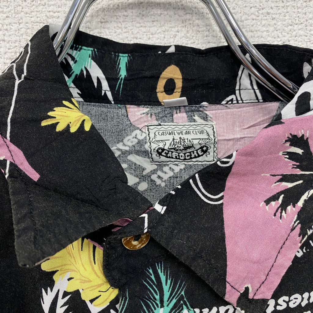 CAROCHE　長袖プリント総柄シャツ　ヤシの木　黒　ブラック　ピンク　XLサイズ
