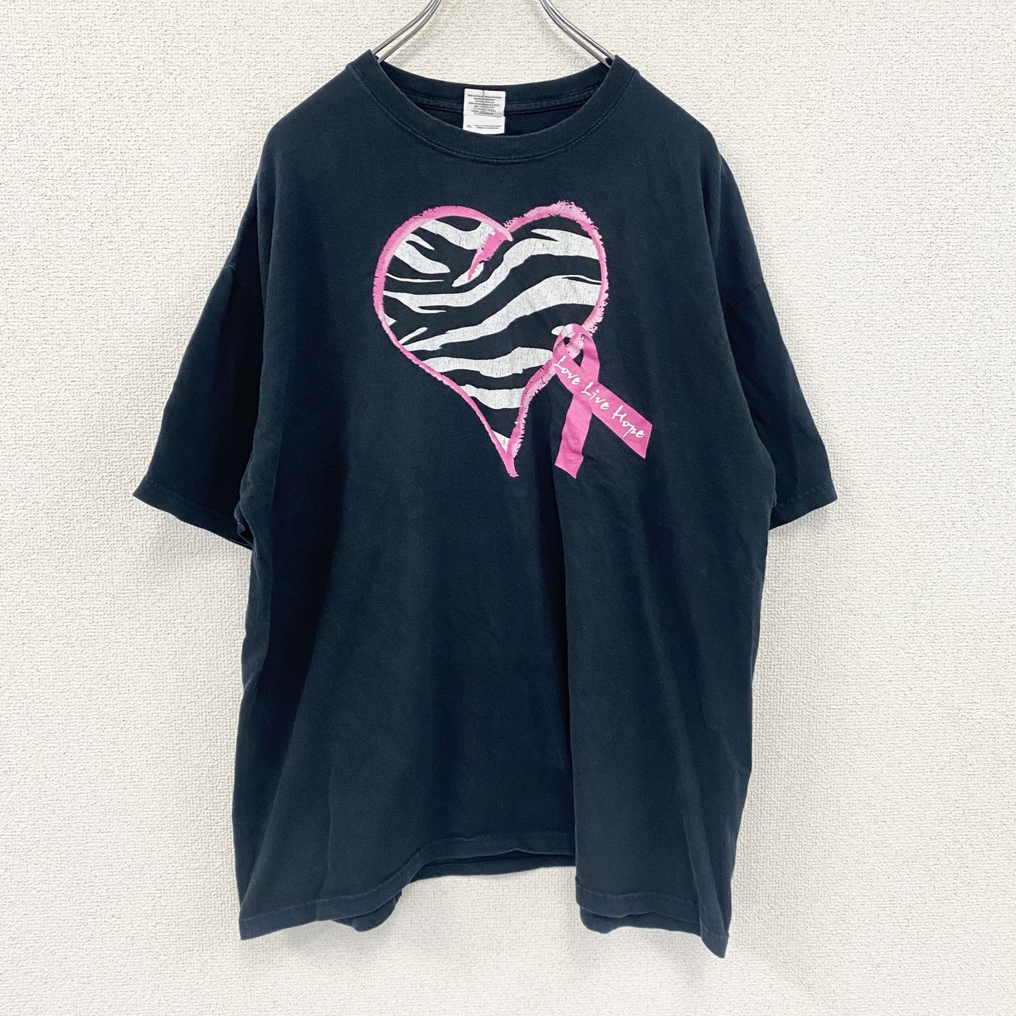GILDAN　ギルダン　半袖プリントTシャツ　ハート　ゼブラ柄　黒　ブラック　XLサイズ