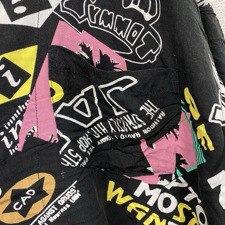 CAROCHE　長袖プリント総柄シャツ　ヤシの木　黒　ブラック　ピンク　XLサイズ