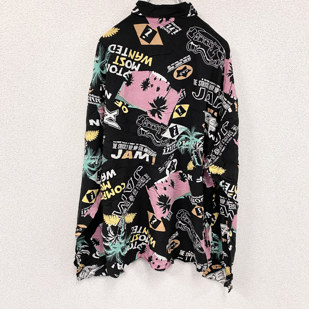 CAROCHE　長袖プリント総柄シャツ　ヤシの木　黒　ブラック　ピンク　XLサイズ