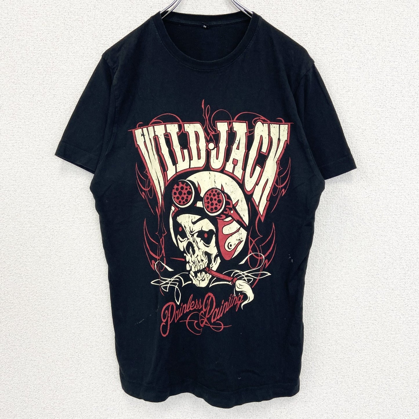 古着 used　ノーブランド　半袖ダメージプリントTシャツ　スカル　ロック系　WILD JACK　黒　クルーネック　Mサイズ
