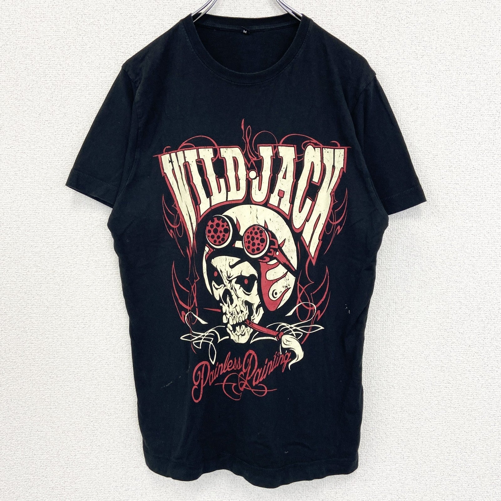 古着 used　ノーブランド　半袖ダメージプリントTシャツ　スカル　ロック系　WILD JACK　黒　クルーネック　Mサイズ