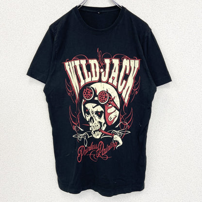 古着 used　ノーブランド　半袖ダメージプリントTシャツ　スカル　ロック系　WILD JACK　黒　クルーネック　Mサイズ