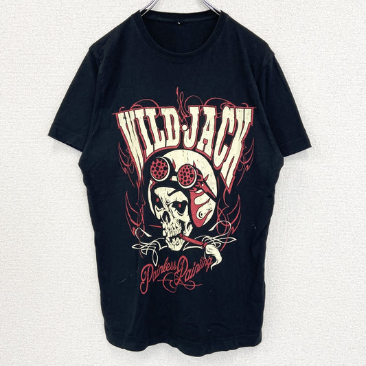 古着 used　ノーブランド　半袖ダメージプリントTシャツ　スカル　ロック系　WILD JACK　黒　クルーネック　Mサイズ