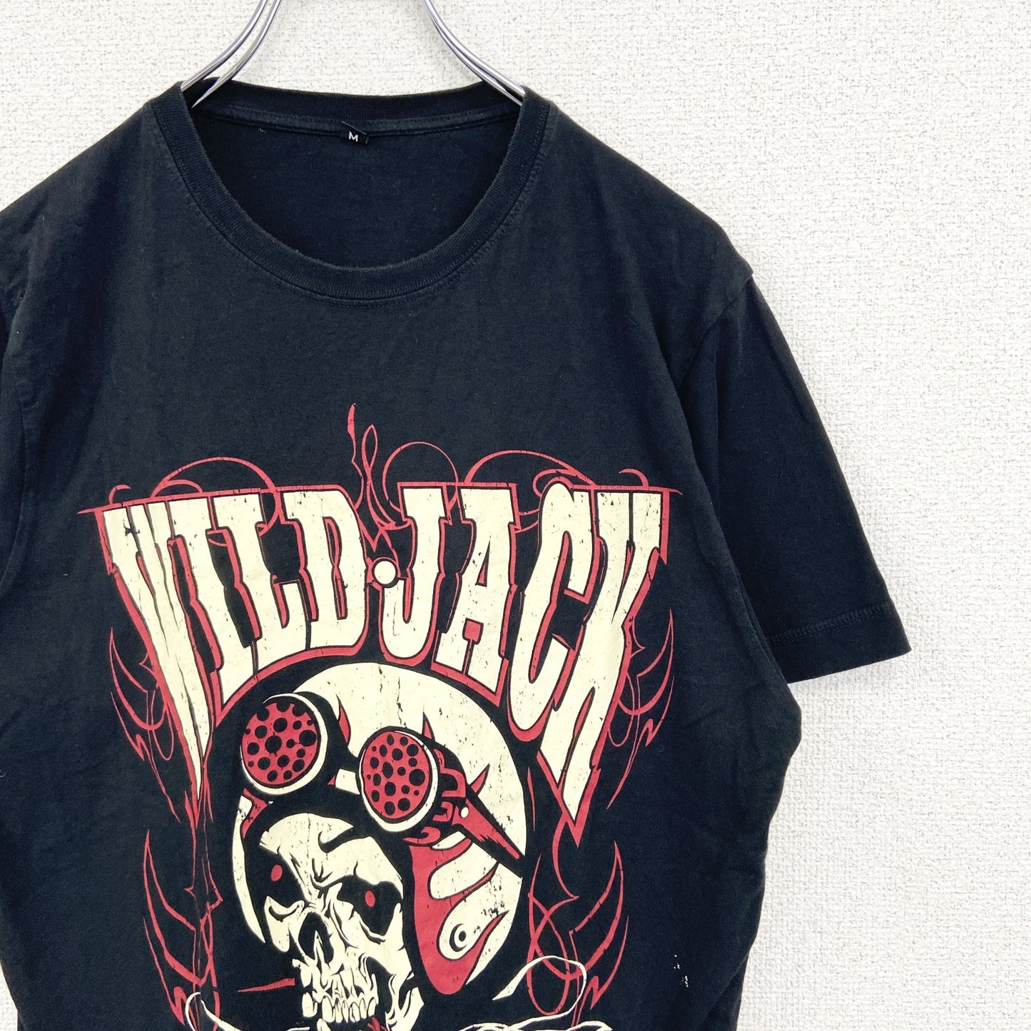 古着 used　ノーブランド　半袖ダメージプリントTシャツ　スカル　ロック系　WILD JACK　黒　クルーネック　Mサイズ