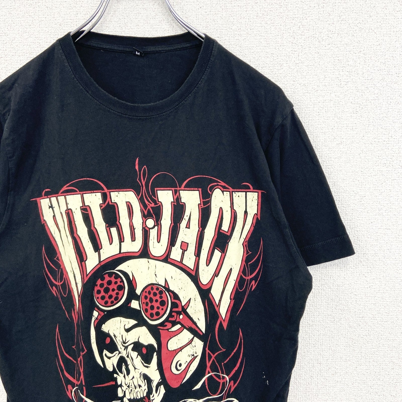 古着 used　ノーブランド　半袖ダメージプリントTシャツ　スカル　ロック系　WILD JACK　黒　クルーネック　Mサイズ