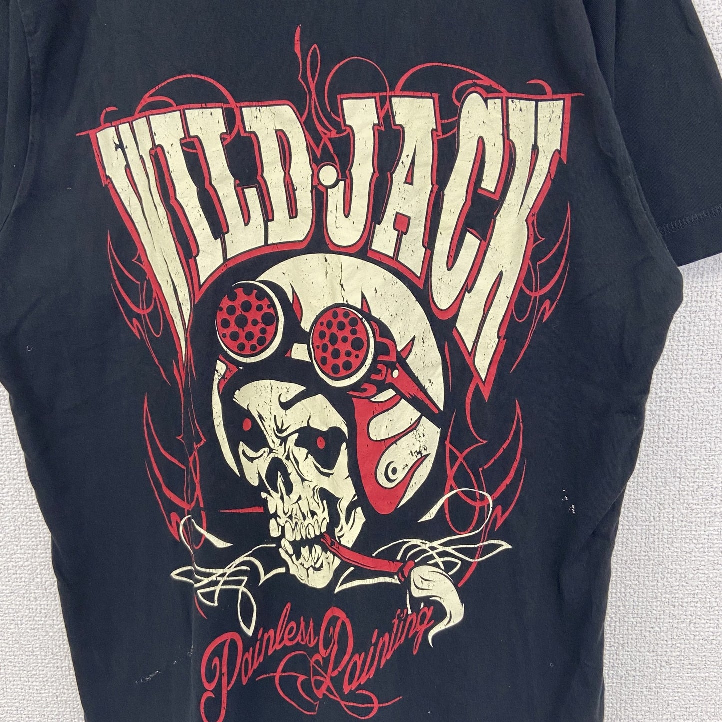 古着 used　ノーブランド　半袖ダメージプリントTシャツ　スカル　ロック系　WILD JACK　黒　クルーネック　Mサイズ