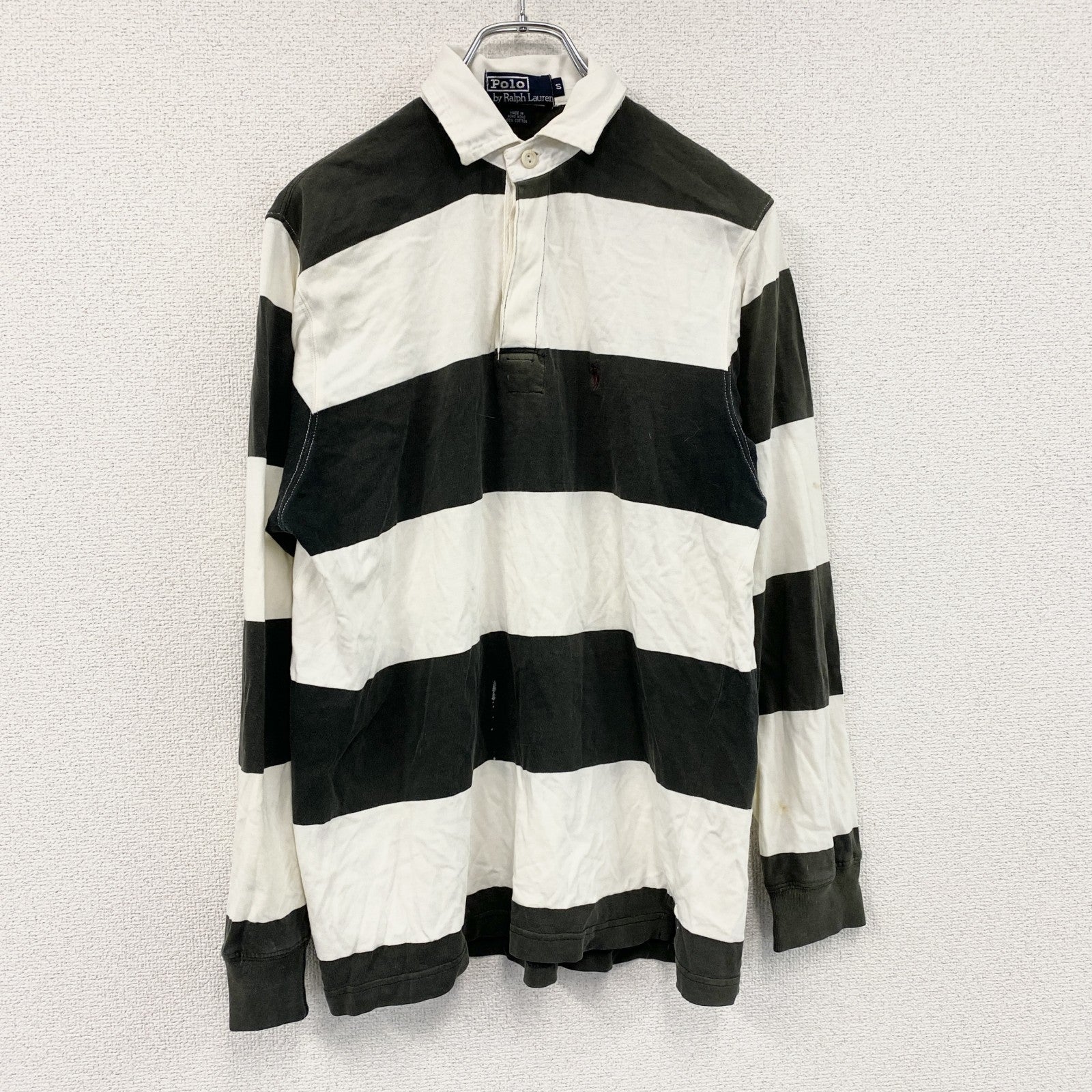 Polo by Ralph Lauren　ラルフローレン　長袖ポロシャツ　刺繡ロゴ　ボーダー柄　白　ホワイト　灰色　グレー　Sサイズ
