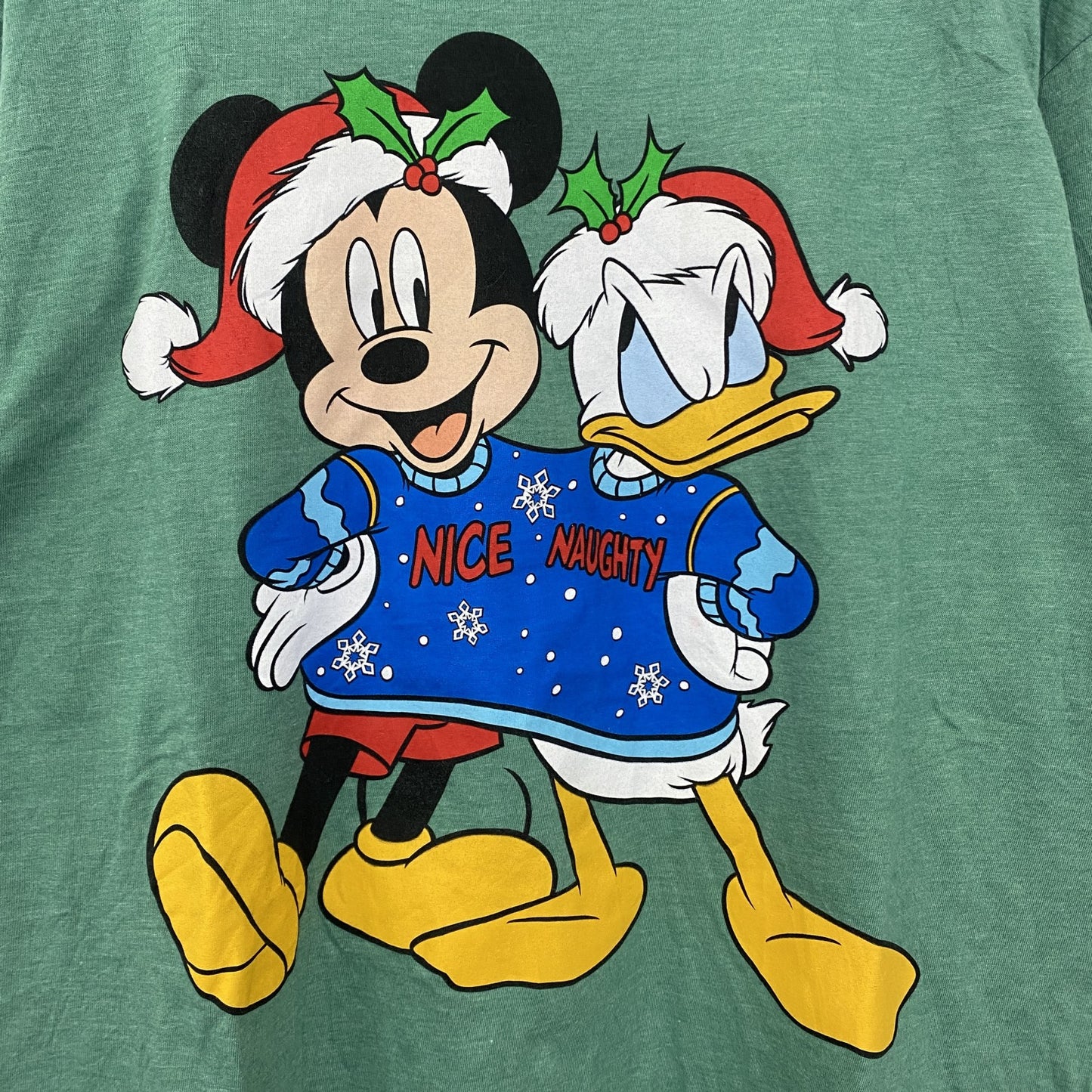 古着 used Disney　ディズニー　半袖プリントTシャツ　ミッキーマウス　ドナルドダック　クリスマス　グリーン　緑　Mサイズ