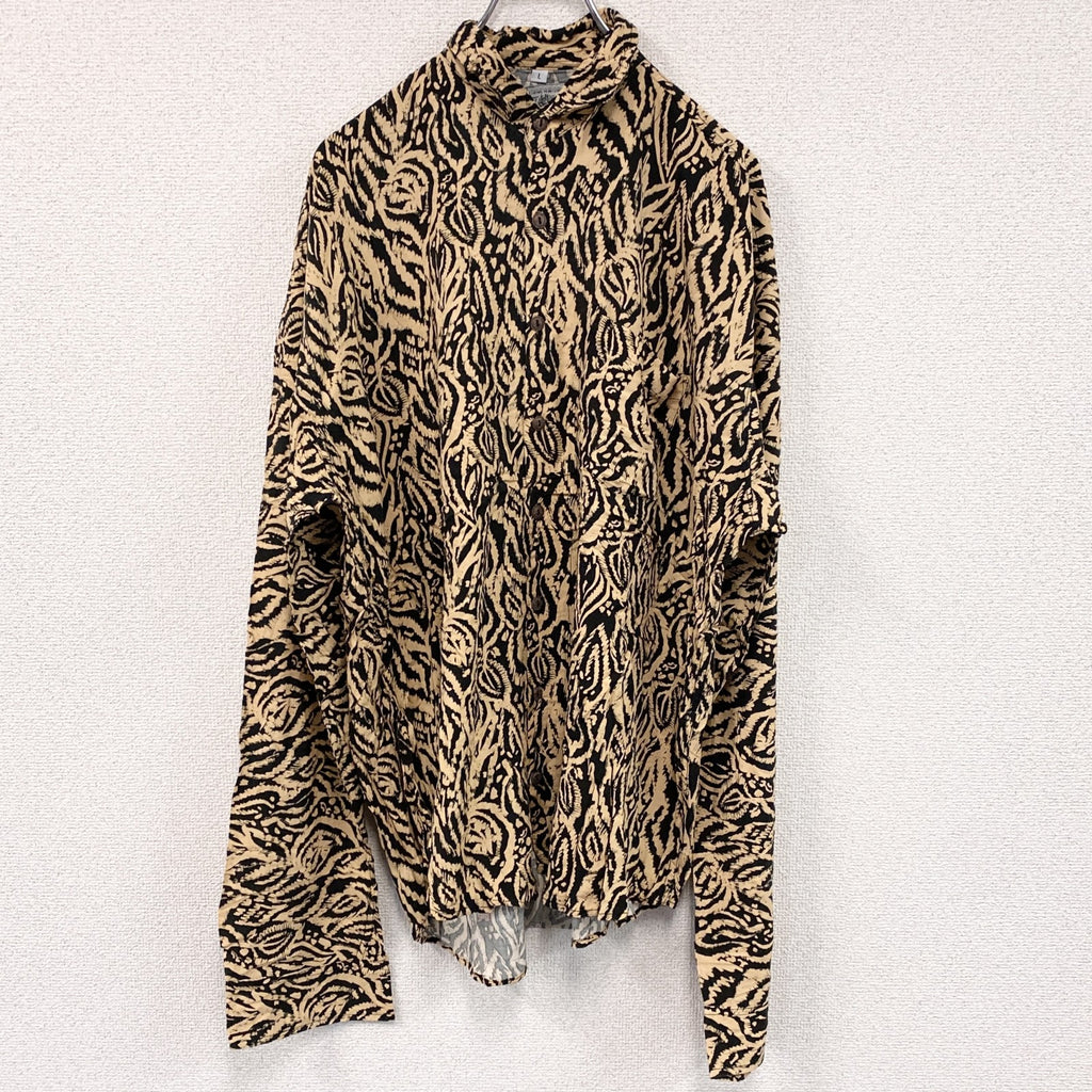 CAROCHE　長袖プリント総柄シャツ　個性的　派手　黒　ブラック　ベージュ　Lサイズ