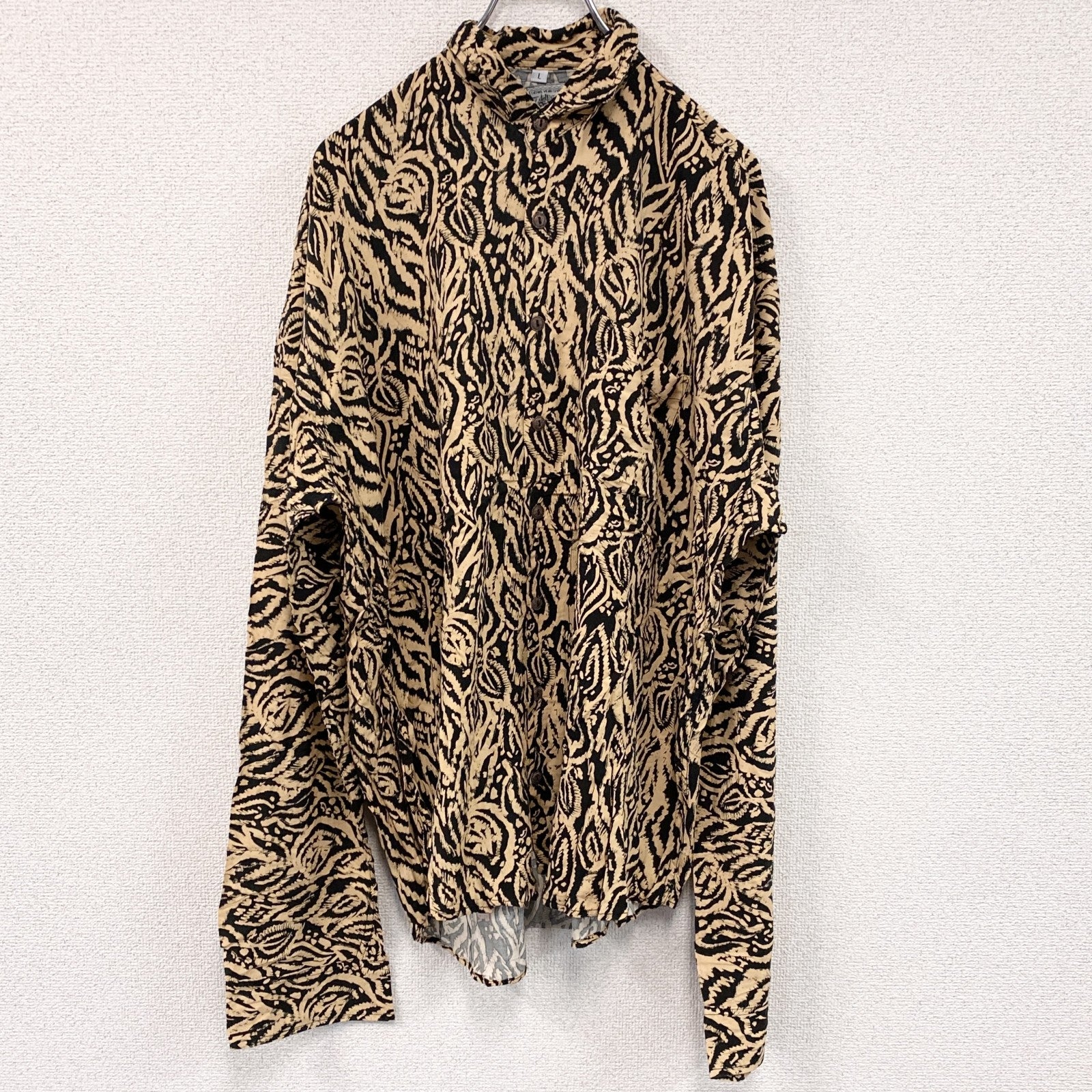 CAROCHE　長袖プリント総柄シャツ　個性的　派手　黒　ブラック　ベージュ　Lサイズ