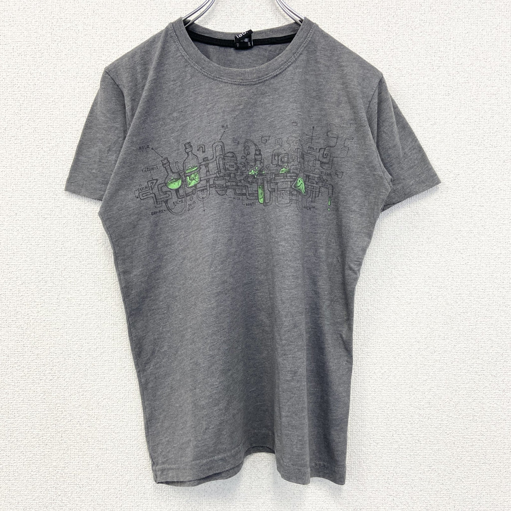 古着 used　plazmalab　半袖プリントデザインTシャツ　クルーネック　科学　発明　レトロ　灰色　グレー　Mサイズ