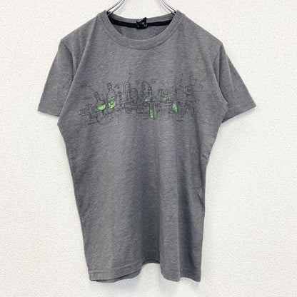 古着 used　plazmalab　半袖プリントデザインTシャツ　クルーネック　科学　発明　レトロ　灰色　グレー　Mサイズ