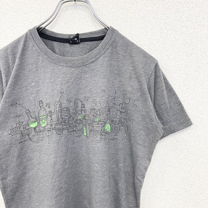 古着 used　plazmalab　半袖プリントデザインTシャツ　クルーネック　科学　発明　レトロ　灰色　グレー　Mサイズ