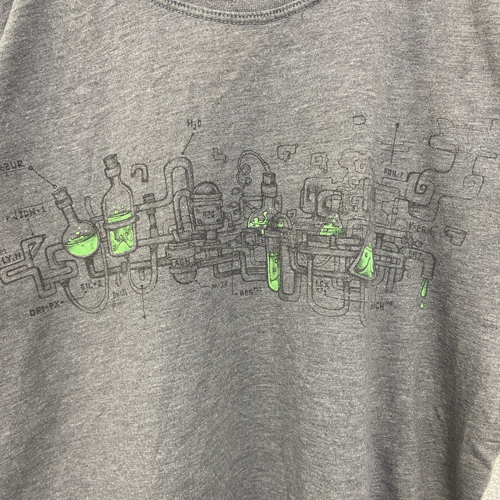 古着 used　plazmalab　半袖プリントデザインTシャツ　クルーネック　科学　発明　レトロ　灰色　グレー　Mサイズ