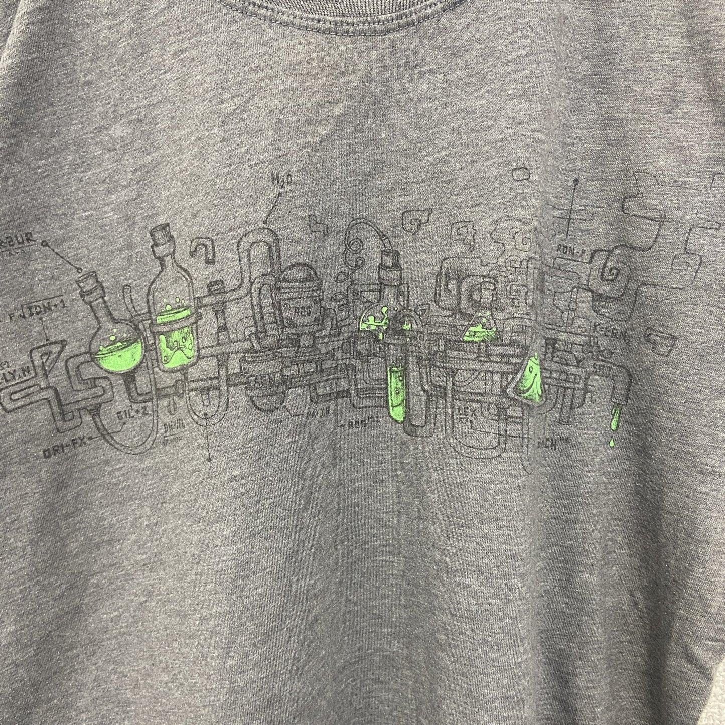 古着 used　plazmalab　半袖プリントデザインTシャツ　クルーネック　科学　発明　レトロ　灰色　グレー　Mサイズ