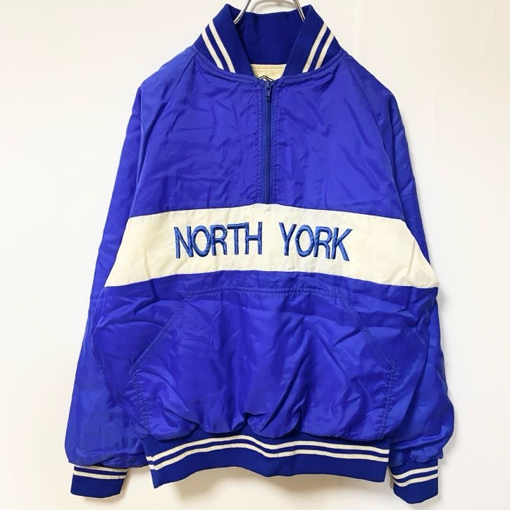 古着 used　APOLLO アポロ　長袖刺繍ナイロンプルオーバー　NORTH YORK　ハーフジップ　青　レトロ　Lサイズ