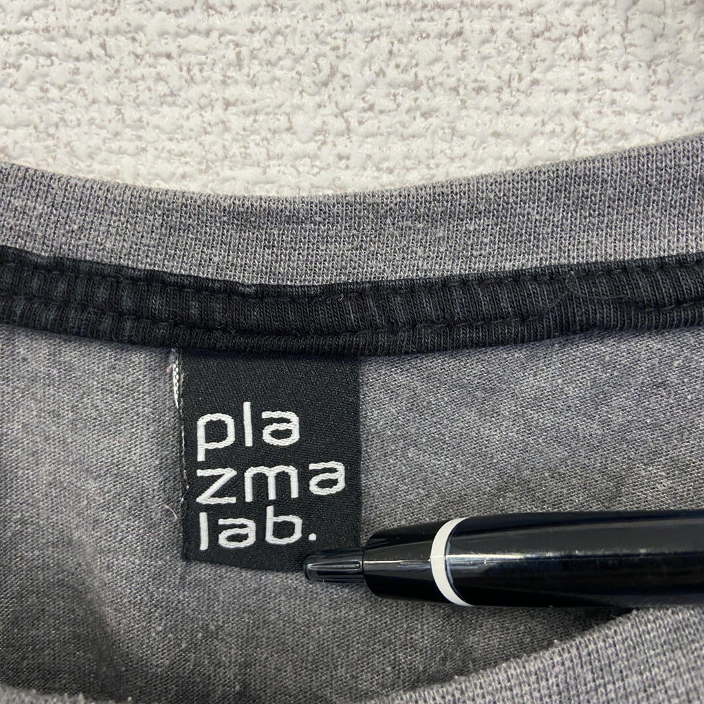 古着 used　plazmalab　半袖プリントデザインTシャツ　クルーネック　科学　発明　レトロ　灰色　グレー　Mサイズ
