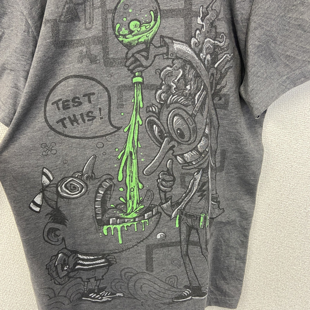 古着 used　plazmalab　半袖プリントデザインTシャツ　クルーネック　科学　発明　レトロ　灰色　グレー　Mサイズ