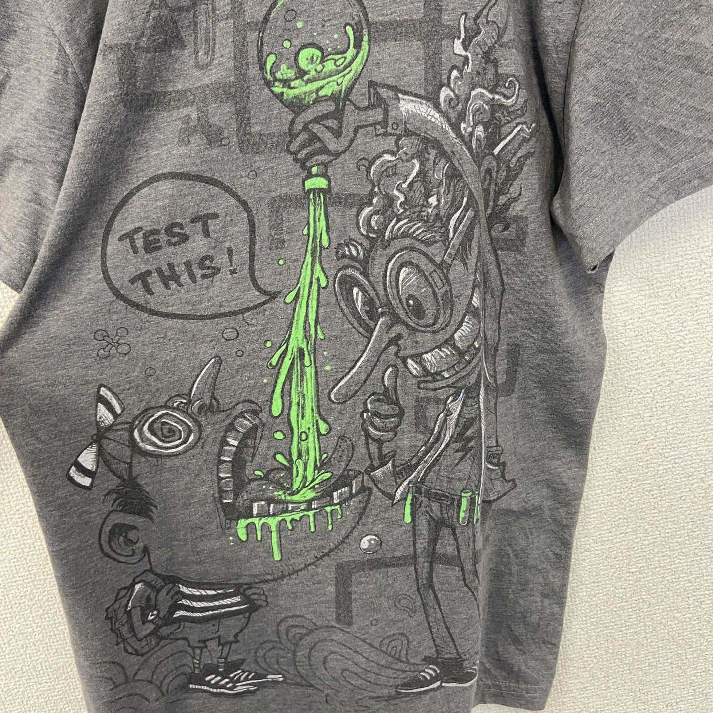 古着 used　plazmalab　半袖プリントデザインTシャツ　クルーネック　科学　発明　レトロ　灰色　グレー　Mサイズ