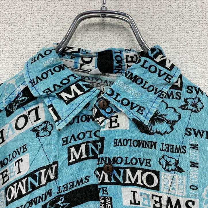 CAROCHE　長袖プリント総柄シャツ　ハイビスカス柄　青　ブルー　Lサイズ