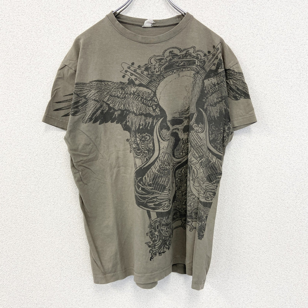 古着 used　ノーブランド　半袖プリントTシャツ　スカル　エレキギター　ロックデザイン　クルーネック　カーキ色　Mサイズ