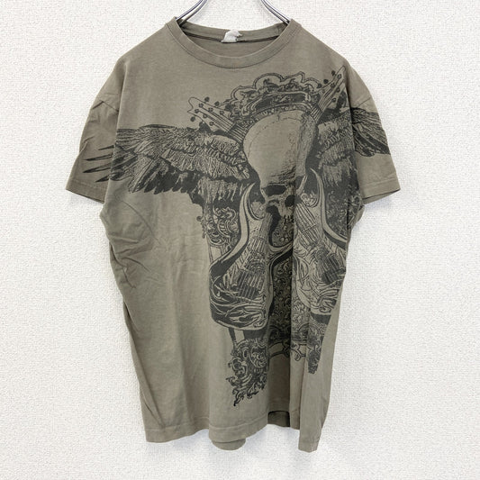 古着 used　ノーブランド　半袖プリントTシャツ　スカル　エレキギター　ロックデザイン　クルーネック　カーキ色　Mサイズ