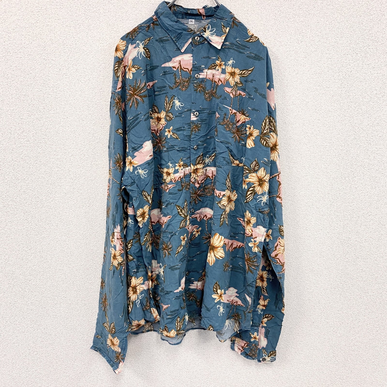 CAROCHE　長袖プリント総柄シャツ 黒　ブラック　緑　グリーン　オレンジ　2XLサイズ