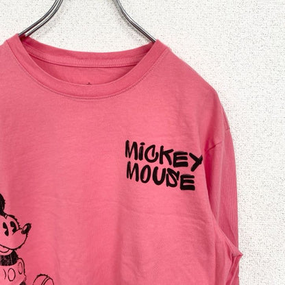 古着　used　Disney　ディズニー　長袖プリントTシャツ　ロンT　ミッキーマウス　レトロデザイン　ピンク　XSサイズ