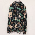 CAROCHE　長袖プリント総柄シャツ 黒　ブラック　緑　グリーン　オレンジ　XLサイズ