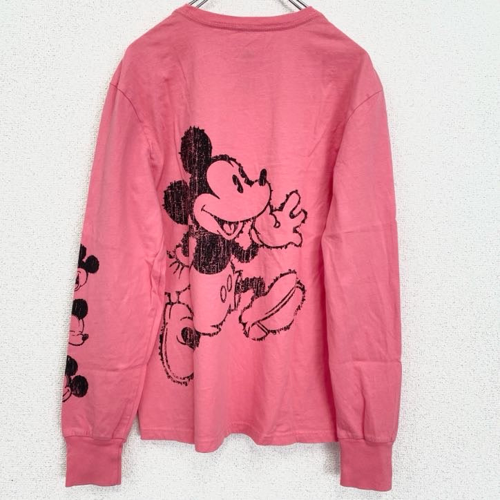 古着　used　Disney　ディズニー　長袖プリントTシャツ　ロンT　ミッキーマウス　レトロデザイン　ピンク　XSサイズ