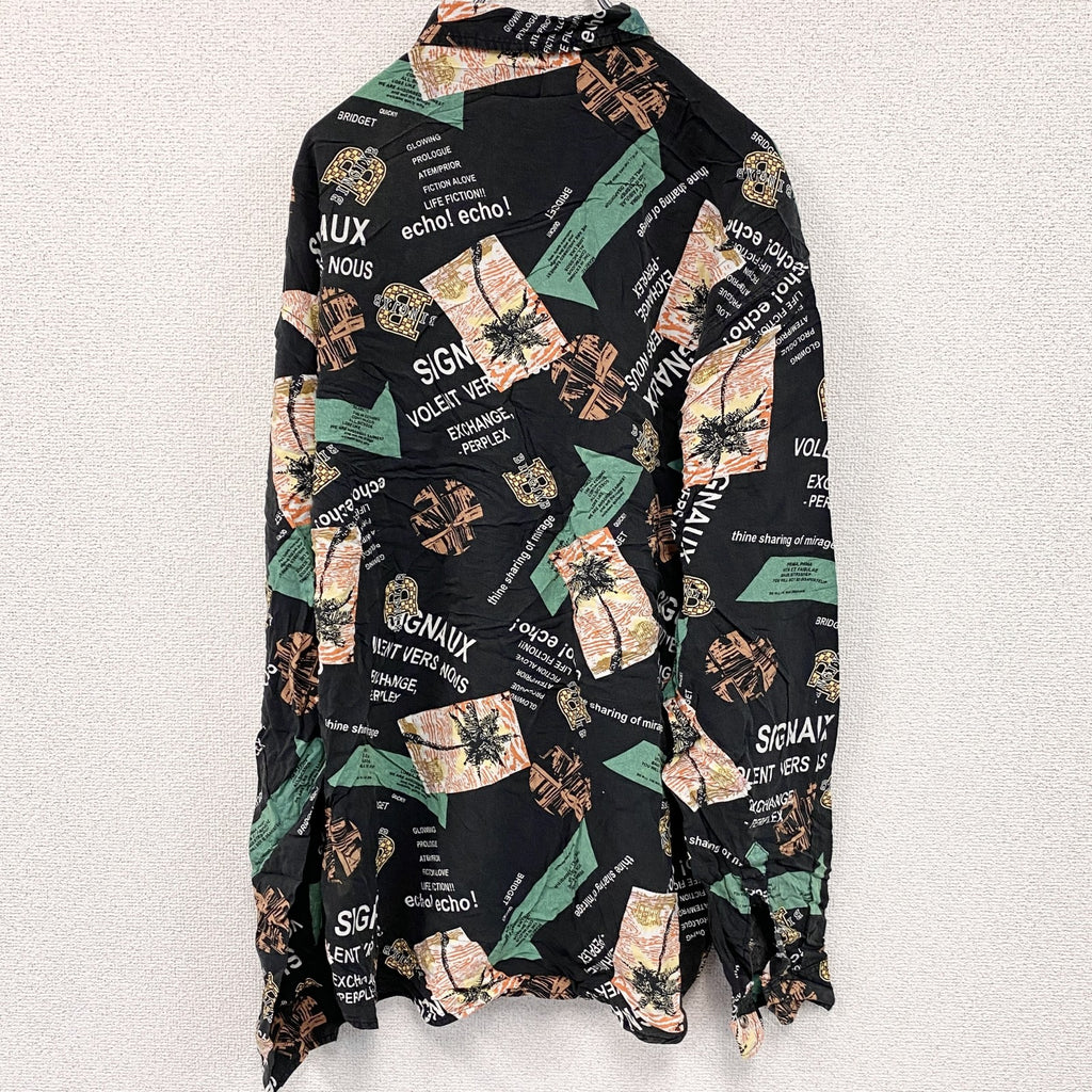 CAROCHE　長袖プリント総柄シャツ 黒　ブラック　緑　グリーン　オレンジ　XLサイズ