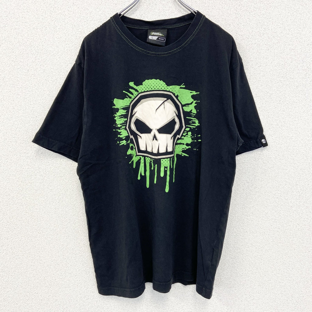 古着 used　NO FEAR ノーフェア　半袖プリントTシャツ　スカル　カジュアルデザイン　クルーネック　レトロ　黒　Lサイズ