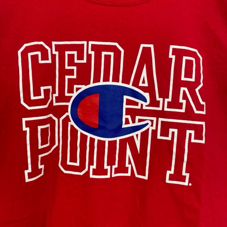 champion　チャンピオン　半袖プリントTシャツ　CEDAR　POINT　デカロゴ　現行　赤　レッド　XLサイズ