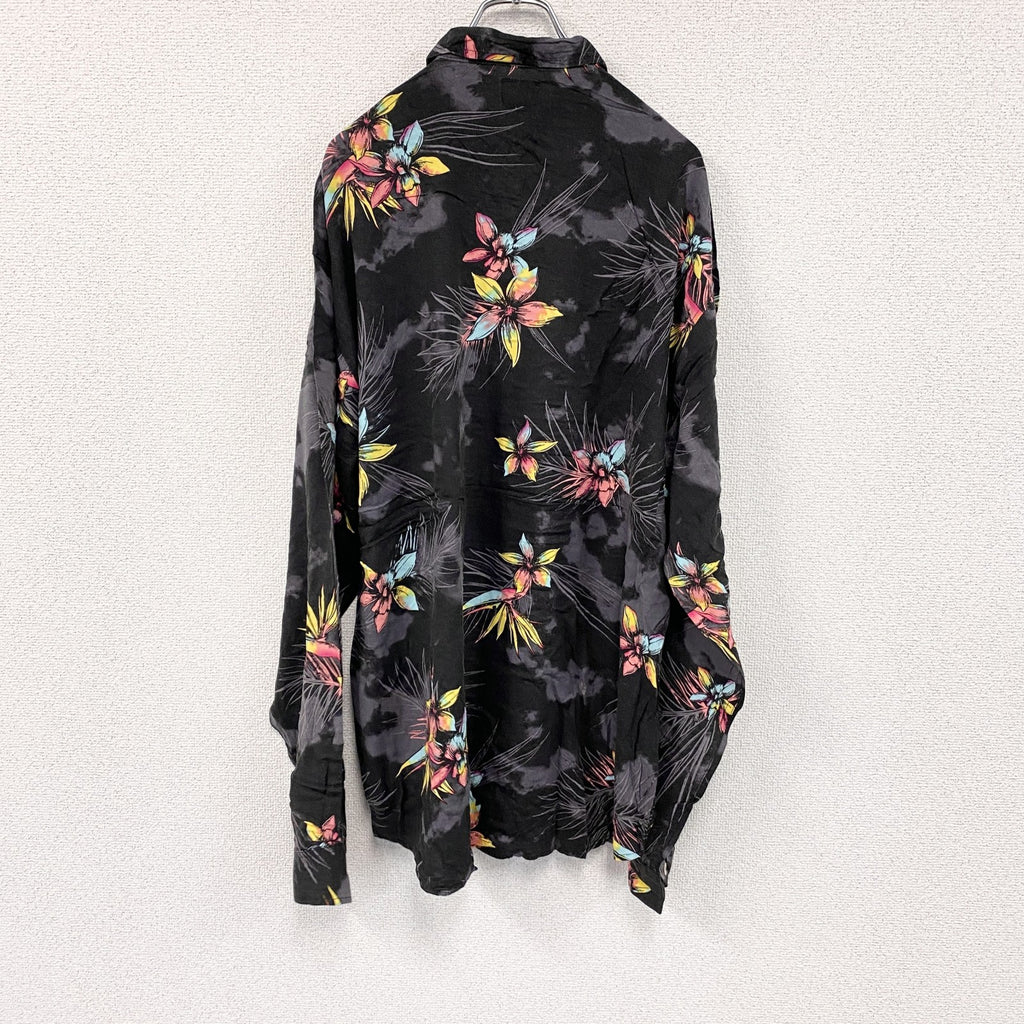古着 used　CAROCHE　長袖プリント総柄シャツ　花　黒　ブラック　XLサイズ