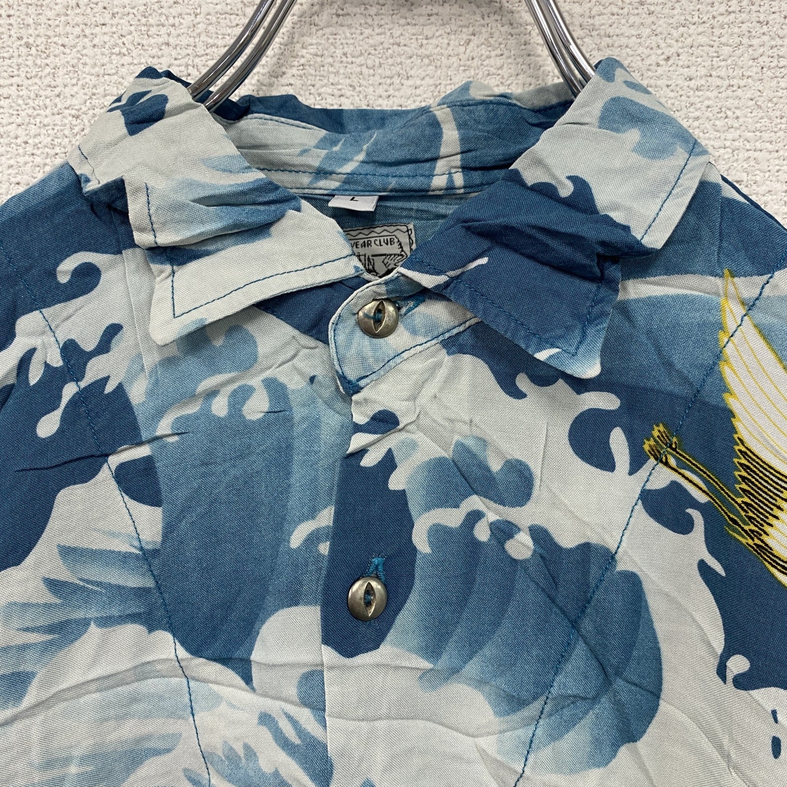 CAROCHE　長袖プリント総柄シャツ　海　鶴　青　ブルー　Lサイズ