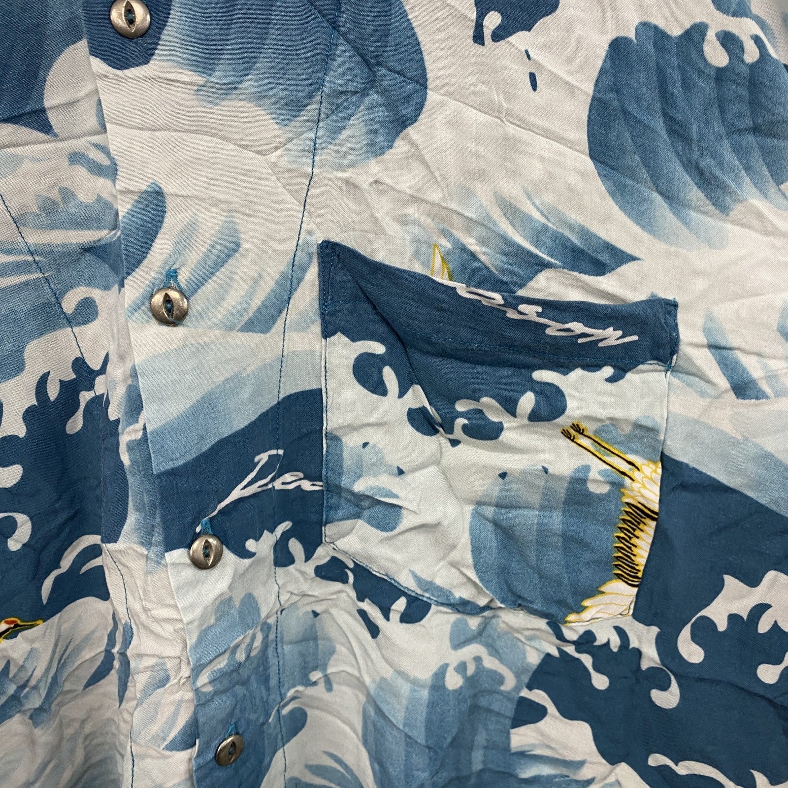 CAROCHE　長袖プリント総柄シャツ　海　鶴　青　ブルー　Lサイズ