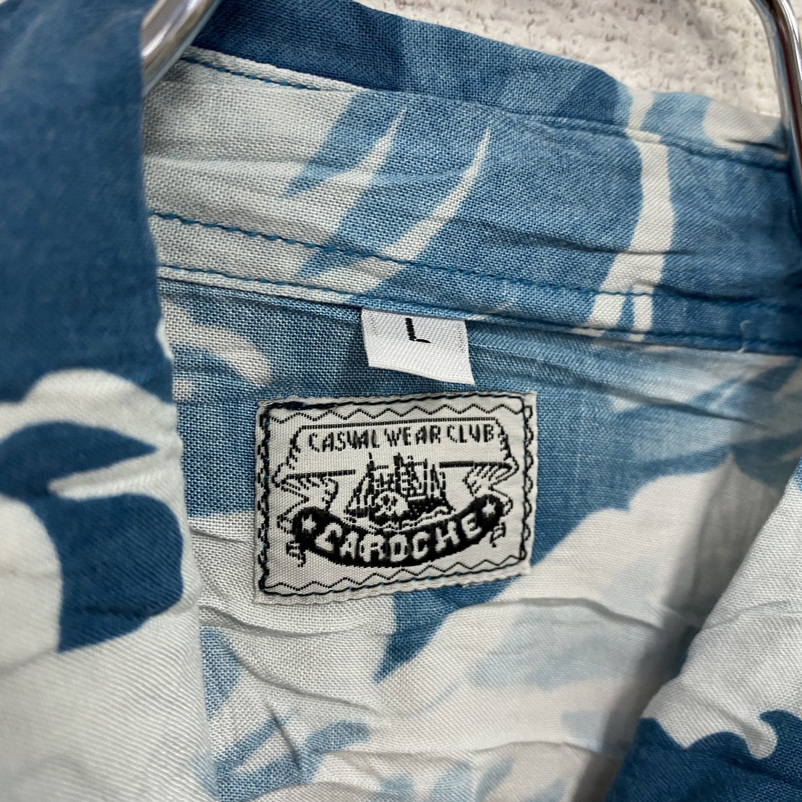 CAROCHE　長袖プリント総柄シャツ　海　鶴　青　ブルー　Lサイズ