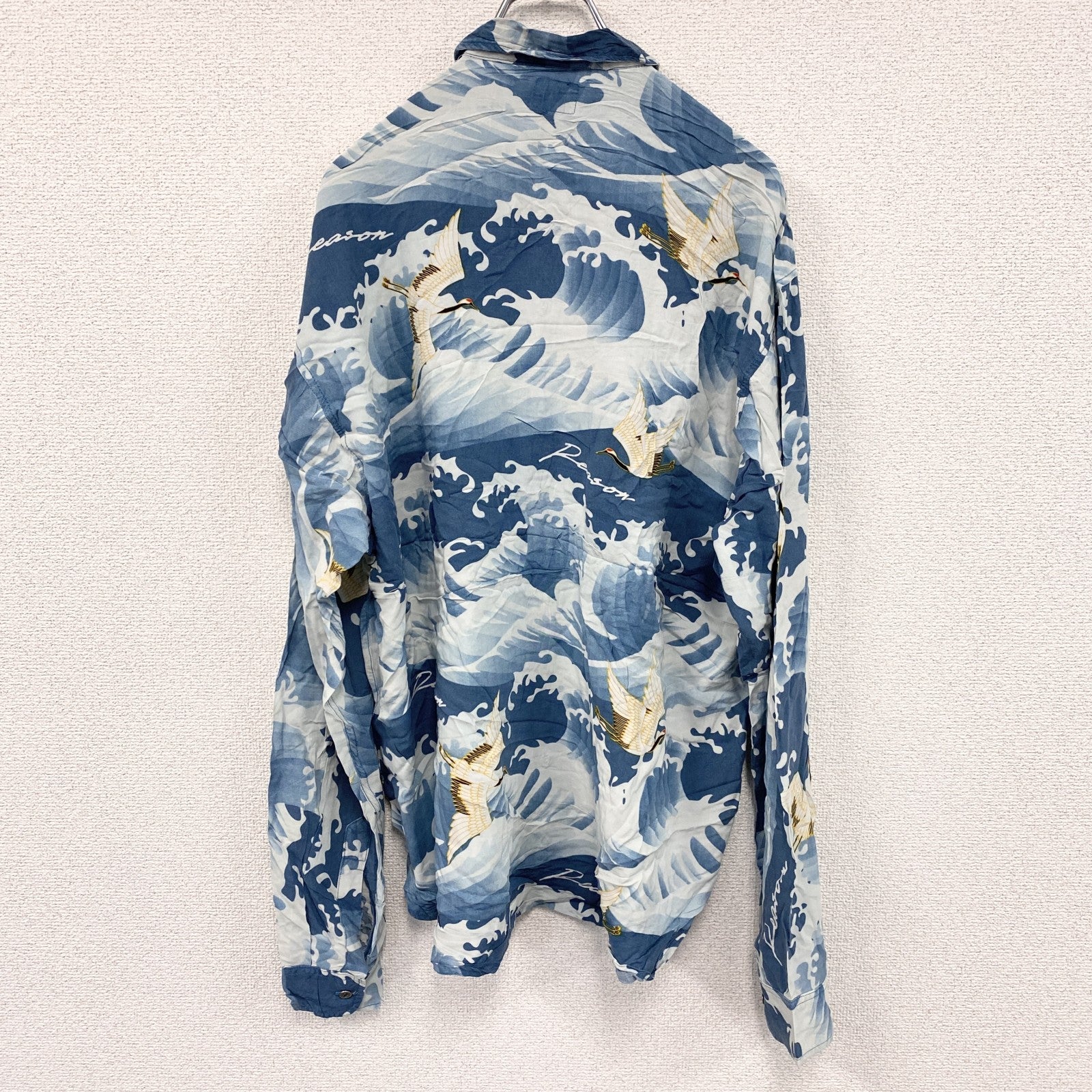 CAROCHE　長袖プリント総柄シャツ　海　鶴　青　ブルー　Lサイズ
