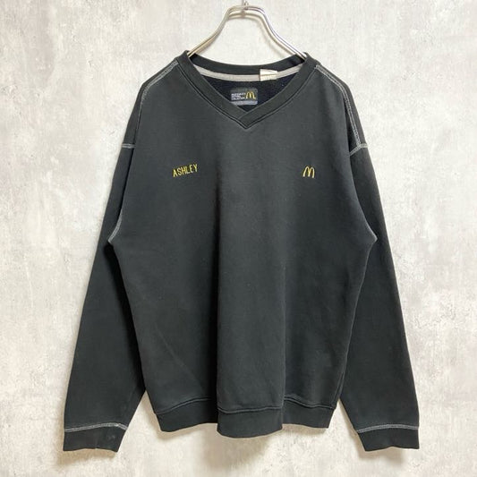 McDONALD'S　長袖ワンポイントロゴ刺繡スウェット　トレーナー　Vネック　マクドナルド　ブラック　Mサイズ