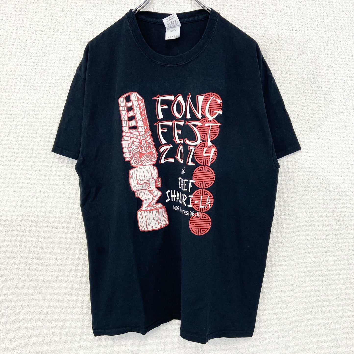 GILDAN　ギルダン　半袖プリントデザインTシャツ　Tiki　ポリネシア神話　7連プリント　両面プリント　黒　ブラック　Lサイズ