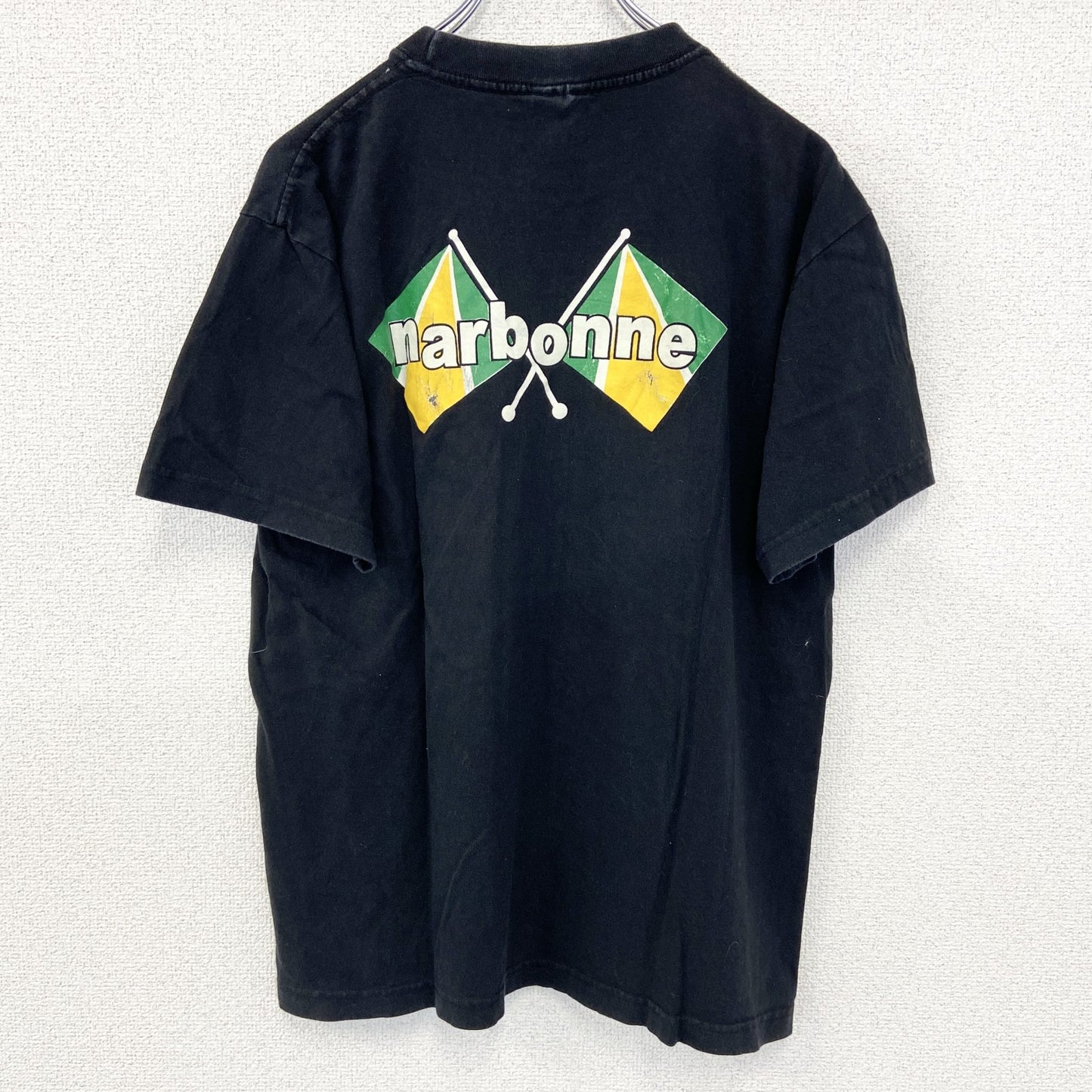 古着 used　HIS　半袖プリントデザインTシャツ　クルーネック　NHS　フランス　ナルボンヌ　カジュアル　黒　Mサイズ