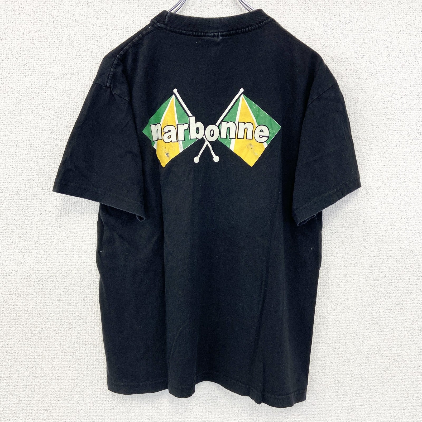 古着 used　HIS　半袖プリントデザインTシャツ　クルーネック　NHS　フランス　ナルボンヌ　カジュアル　黒　Mサイズ