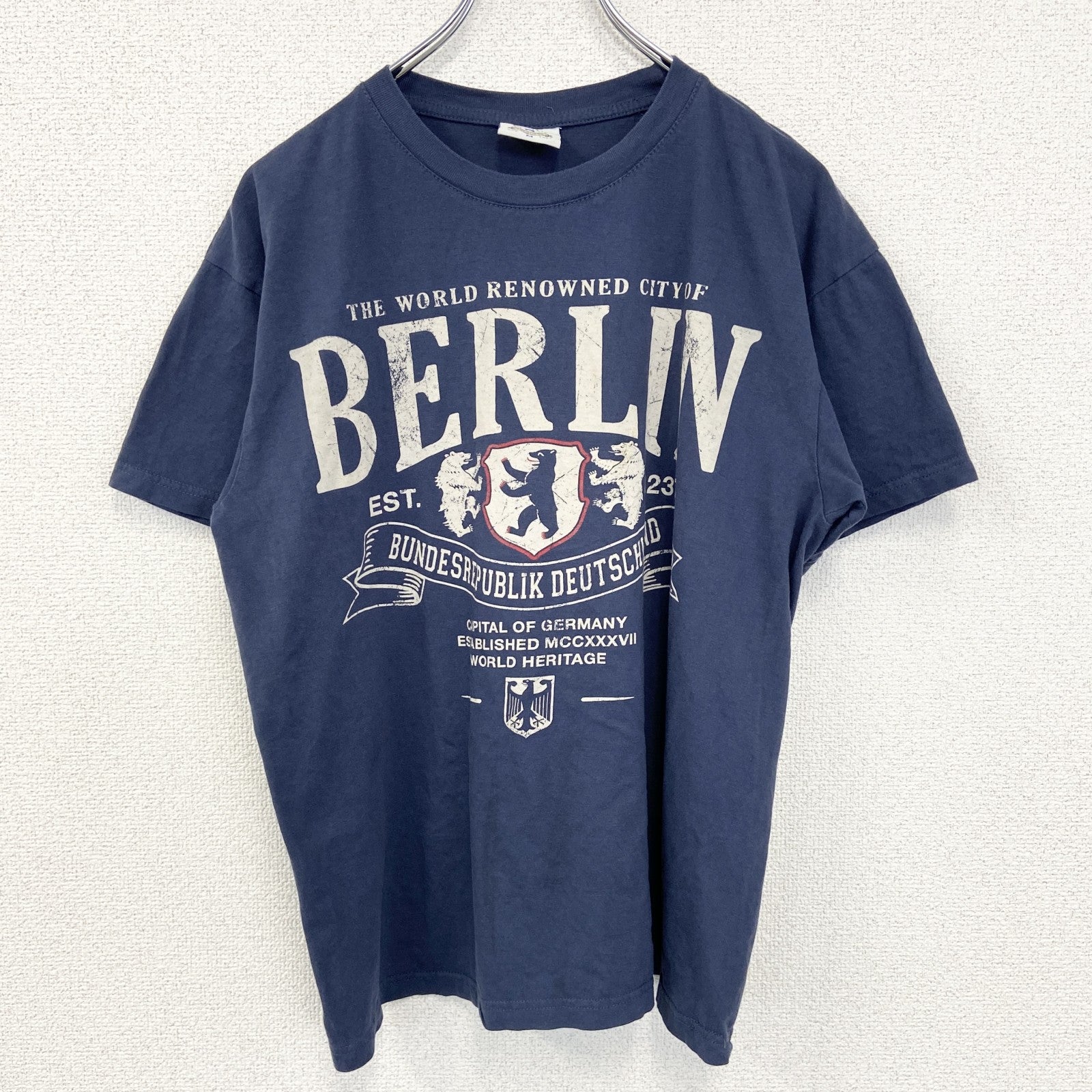 古着 used　FOX ORIGINALS　半袖プリントTシャツ　クルーネック　ドイツ　ベルリン　クルーネック　青　Mサイズ